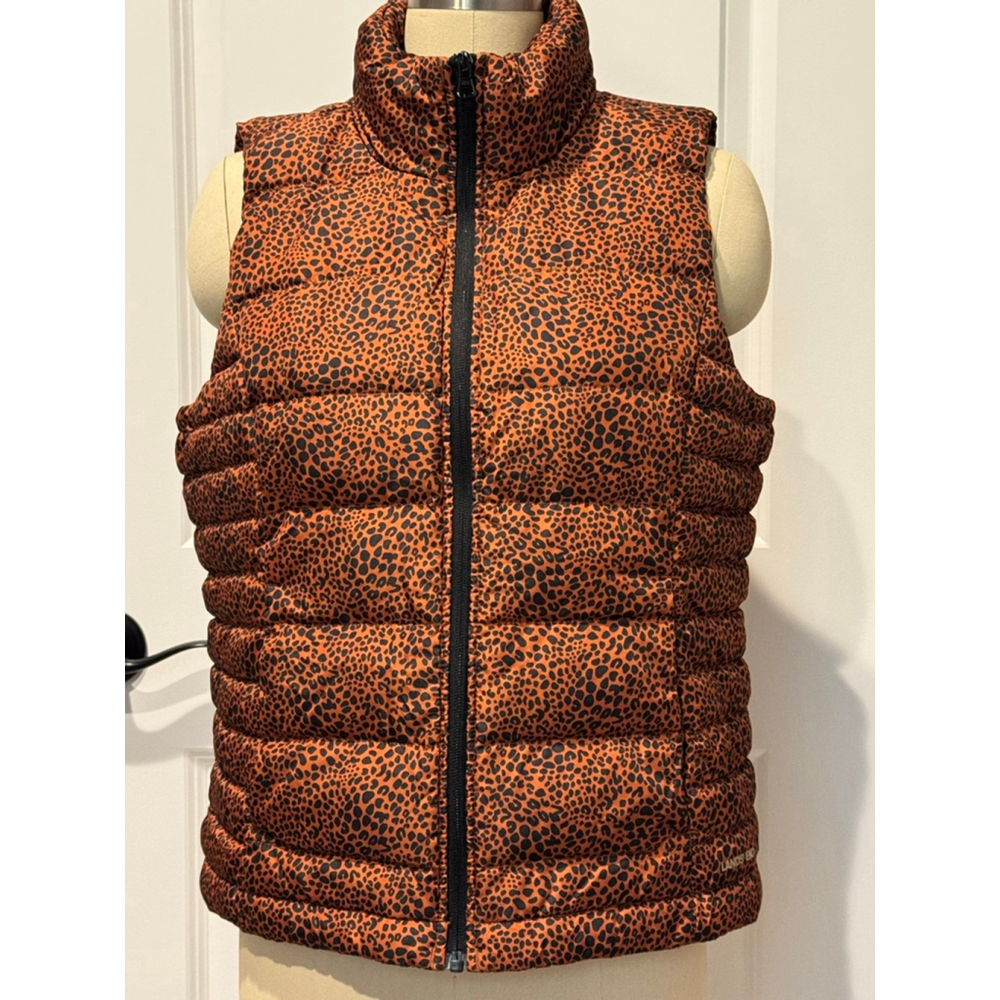Women's Lands' End Puffer Vest MP Bronze Black Leopard Print zip front pockets